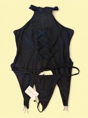 High-Neck Lace-Up Black 2 piece lingerie